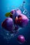 Ripe plums with splashes of drops of water or juice on a blue background, Generative AI 2