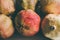 Ripe pomegranate fruits as background. Close up view of pomegranates background. Fresh fruit. Group of vintage pomegranates .