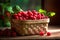 Ripe raspberries in a basket on a wooden table.