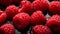 Ripe raspberries glistening with tiny droplets of water. The vibrant red hues and the crystal-clear water droplets create a