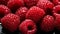Ripe raspberries glistening with tiny droplets of water. The vibrant red hues and the crystal-clear water droplets create a