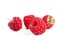 Ripe raspberries on white background. Red juicy berries closeup.