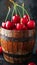 Ripe red cherries in a charming wooden storage basket for a rustic farm fresh feel