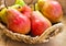 Ripe red organic pears in wicker basket on wood garden table, authentic rustic style, vegetarian, clean eating, harvest concept