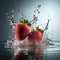 Ripe red strawberries falling into the water, picturesque splashes of water. Generation AI