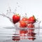 Ripe red strawberries falling into the water, picturesque splashes of water. Generation AI