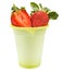 Ripe red strawberries with green leaves and half of cutted strawberry on top in a green disposable cup made of biodegradable