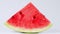 Ripe red summer watermelon slice. Appetizing tasty juicy red fruit berry. A large and useful berry.