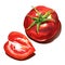 Ripe red tomatoes, whole and part, fresh juicy red tomato object, top view, organic vegetarian food, natural ingredient