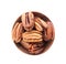 Ripe shelled pecan nuts in bowl on white background