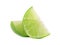 Ripe slice of green lime citrus fruit, isolated on white background. Lime wedge with clipping path