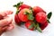 Ripe strawberries in a plastic package on a white background. Delicious fresh berries in a container for sale to