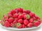 Ripe strawberries on a white plate. Lots of red berries. Blurred green background
