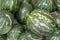 Ripe sugar sweet watermelons at a crates on stand at the marketplace. Selective focus