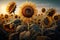 Ripe sunflowers in the field at sunset