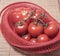 Ripe tomatoes in a red basket. Bunch of tomatoes