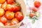 Ripe tomatoes in the sieve, tomatoes are prepared for preparing preserves