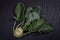 Ripe turnip with leaves on a wooden black background.