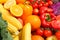 Ripe vegetables and fruits on whole background