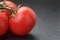 Ripe washed tomatoes on vine on slate background