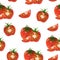 Ripe watercolor tomatoes seamless pattern. Hand drawn illustration on white background. Vegetables whole, half, slice.