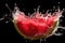 ripe watermelon with liquid splashing out, captured in high-speed shutter