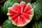 Ripe watermelon in market in Birmingham city center. Sliced fresh watermelon in the market