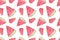 Ripe watermelon slices repeat pattern on the white background, sweet summer dessert fresh organic food, simple seamless natural