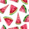 Ripe watermelon slices seamless watercolor pattern. Hand drawn illustration on white background. Juicy pieces