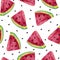 Ripe watermelon slices with seeds seamless watercolor pattern. Hand drawn illustration on white background. Juicy pieces