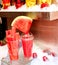 Ripe watermelon smoothies and slices in plastic glasses for tourists in Prague, Czech Republic, Europe. Snack fruit. The concept