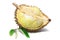 Ripe yellow flesh of Durian and Durian leaf on white background, fruit.