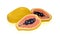 Ripe yellow papaya whole and cutted in half. Large sweet exotic tropic fruits. Summer fruitage.
