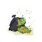 Ripped black plastic bag spilling green smelly garbage goo with flies