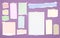 Ripped blank lined, colorful note, notebook paper strips, sheets stuck with sticky tape for text or message on violet
