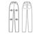 Ripped Jeans distressed Denim pants technical fashion illustration with full length, normal waist, high rise, 5 pockets