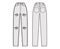 Ripped Jeans distressed Denim pants technical fashion illustration with full length, normal waist, high rise, 5 pockets