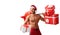 Ripped Santa Claus holding barbell and giving presents