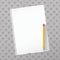 Ripped white notebook, copybook paper sheet, yellow pencil, on gray pattern with hearts