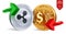 Ripple to dollar currency exchange. Ripple. Dollar coin. Cryptocurrency. Golden and silver coins with Ripple and Dollar symbol wit