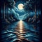A rippling water captures the moonlit water, reflection of the moon, rich and vibrant colors of the moon ambience, vector art
