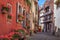 Riquewihr alsatian architecture at springtime with flowers, Eastern France