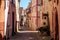 RIQUEWIHR, FRANCE - JULY 17, 2017: Picturesque street with traditional colorful houses in Riquewihr village on alsatian wine route