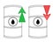 Rise and decline in price of oil market prices. Set of outline vector illustrations of oil barrel and red up and down arrow.