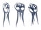 Rised fist hand gesture monochrome drawn emblems. Vector hand clenched into fist and rising up, symbols isolated on
