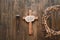 He is Risen. Jesus Crown Thorns and nails and cross on a wood background. Easter Day