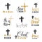 He is risen, lettering set religious signs with crucifix symbols. Hand drawn Christian cross, grunge textured retro badge, Vintage