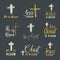 He is risen, lettering set religious signs with crucifix symbols. Hand drawn Christian cross, grunge textured retro badge, Vintage