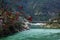 RISHIKESH, INDIA - view to Ganga river and lakshman jhula from cafe under magnolia tree