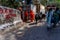 Rishikesh,Uttarakhand - 29.03.2023. People in traditional orange siddha clothes walk the streets of Rishikesh, Holy